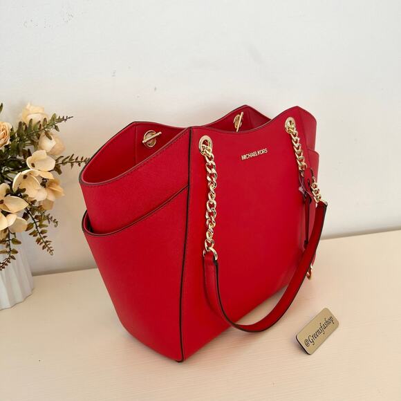 Michael Kors Purse jet set travel large chain tote shoulder bag bright red - Picture 3 of 9